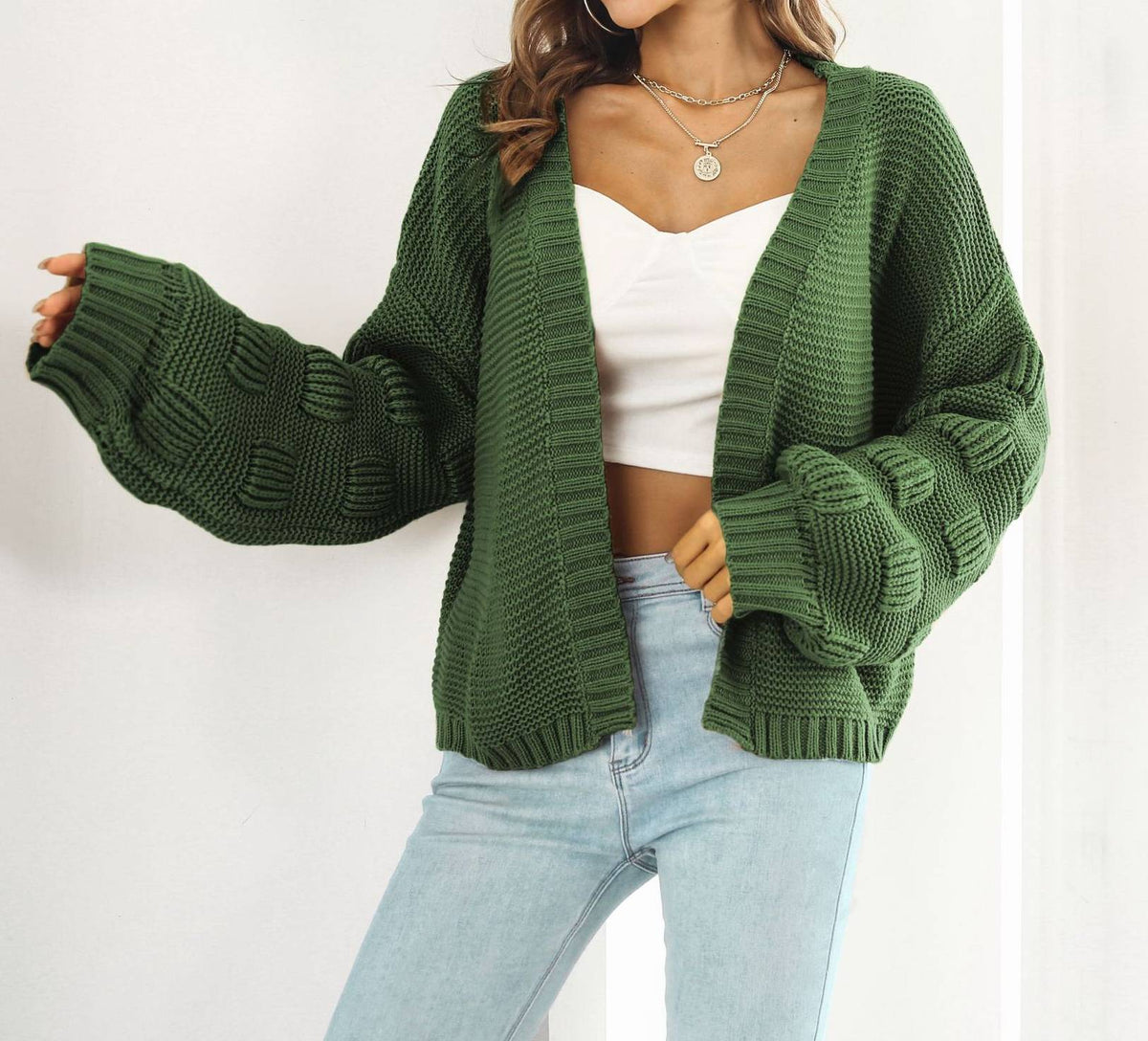 Bubble Balloon Sleeve Cropped Knit Cardigan - Military Green