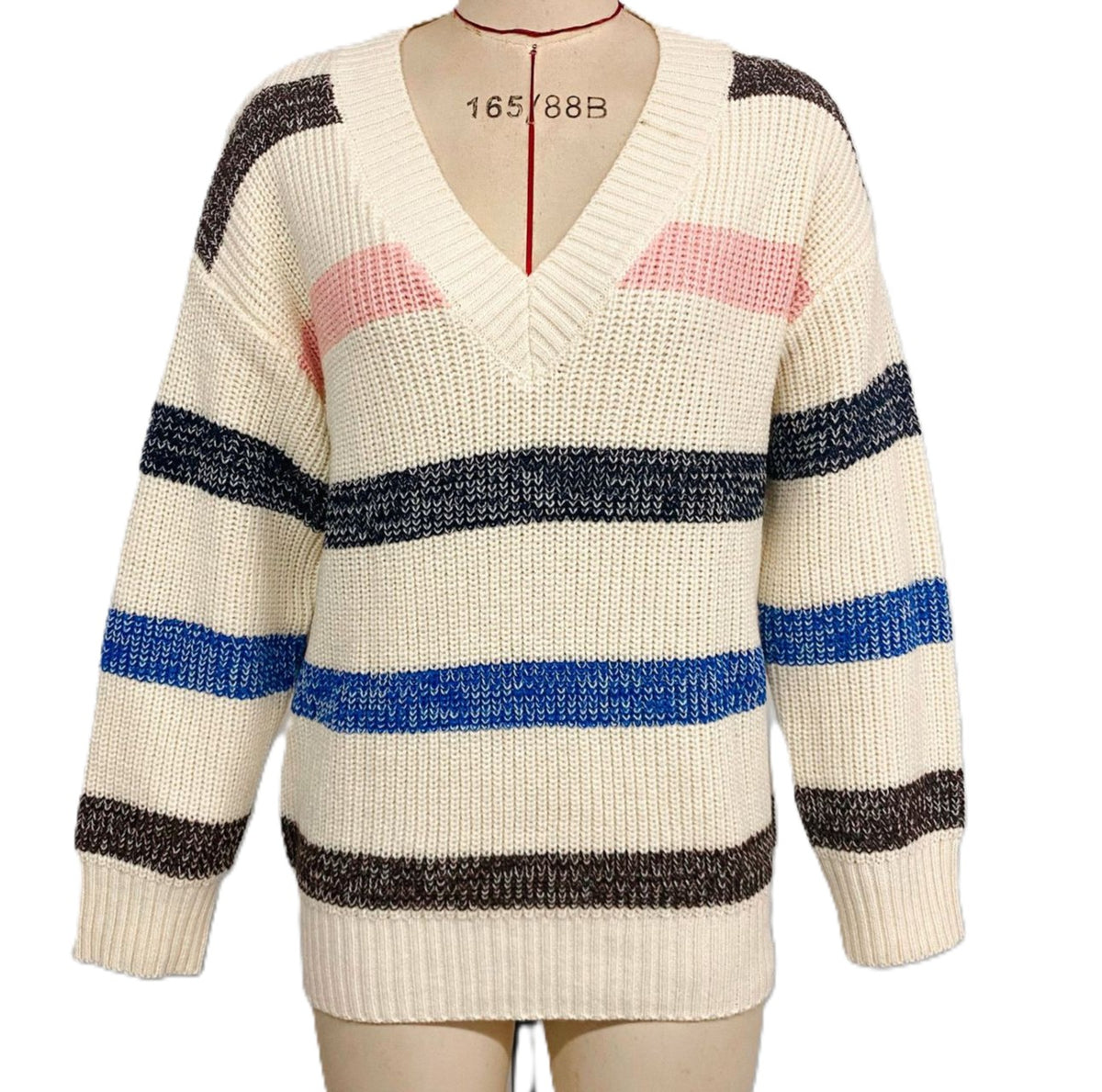 Bold Rugby Stripe V Neck Knit Sweater - Apricot - 1