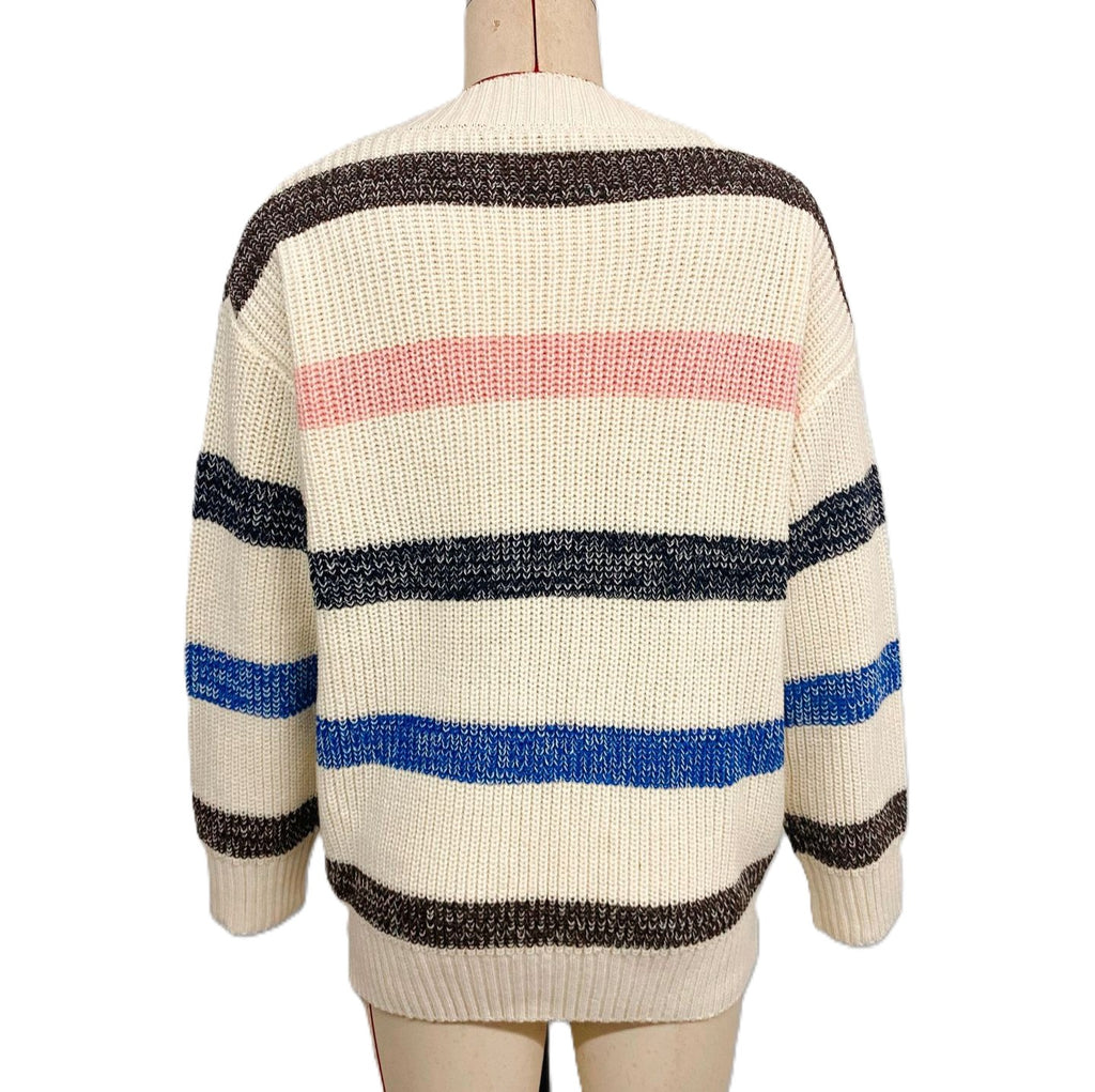 Bold Rugby Stripe V Neck Knit Sweater - Apricot - 2