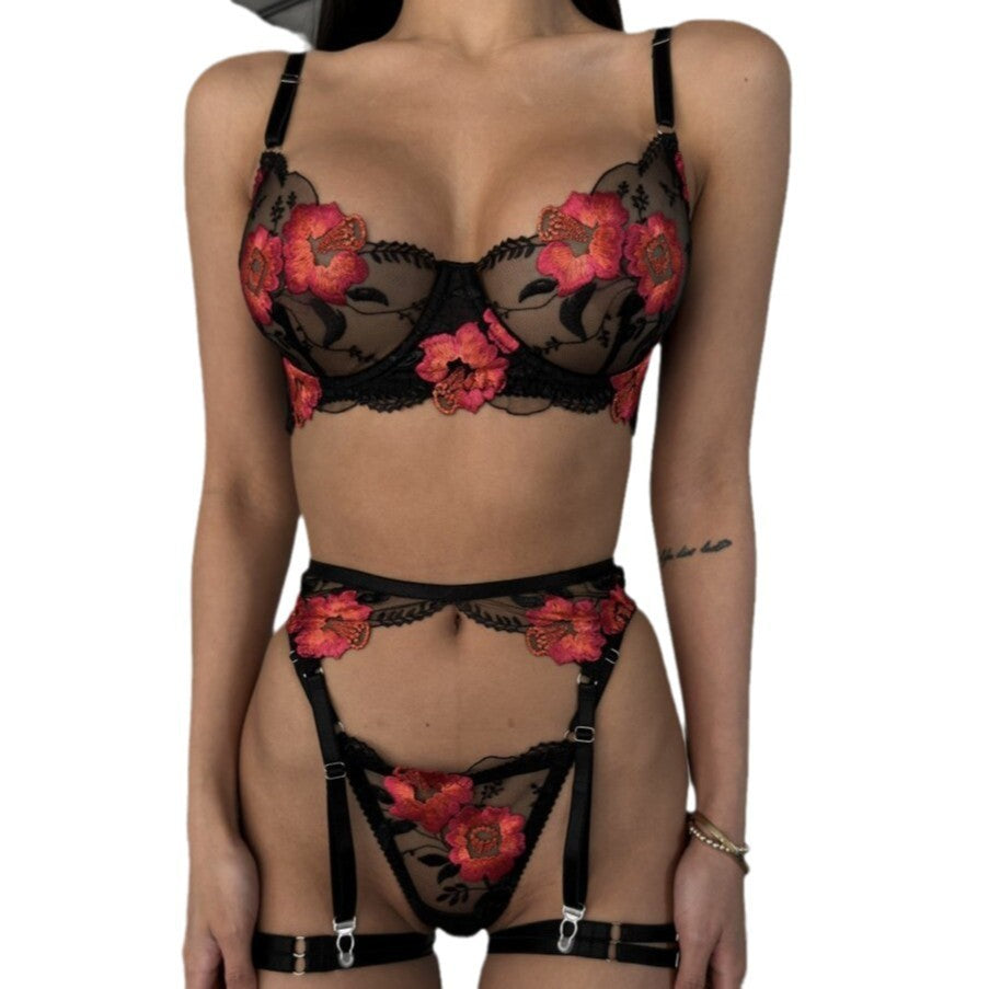 Floral Embroidered Sheer Mesh Underwire Garter Set