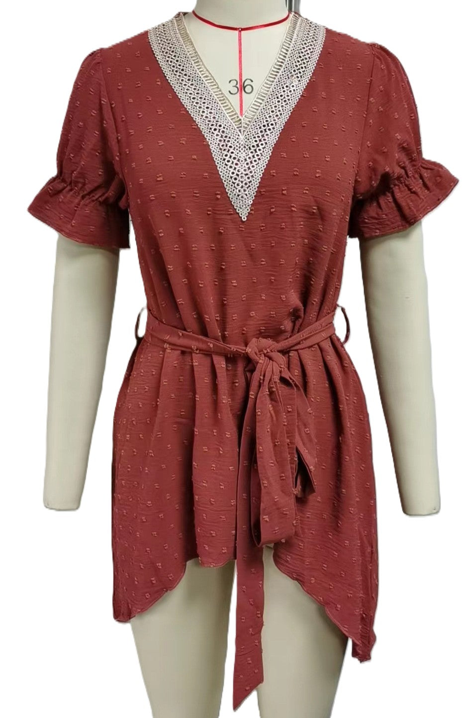 Lace V Neck Tie Waist Tunic Blouse - Brickred
