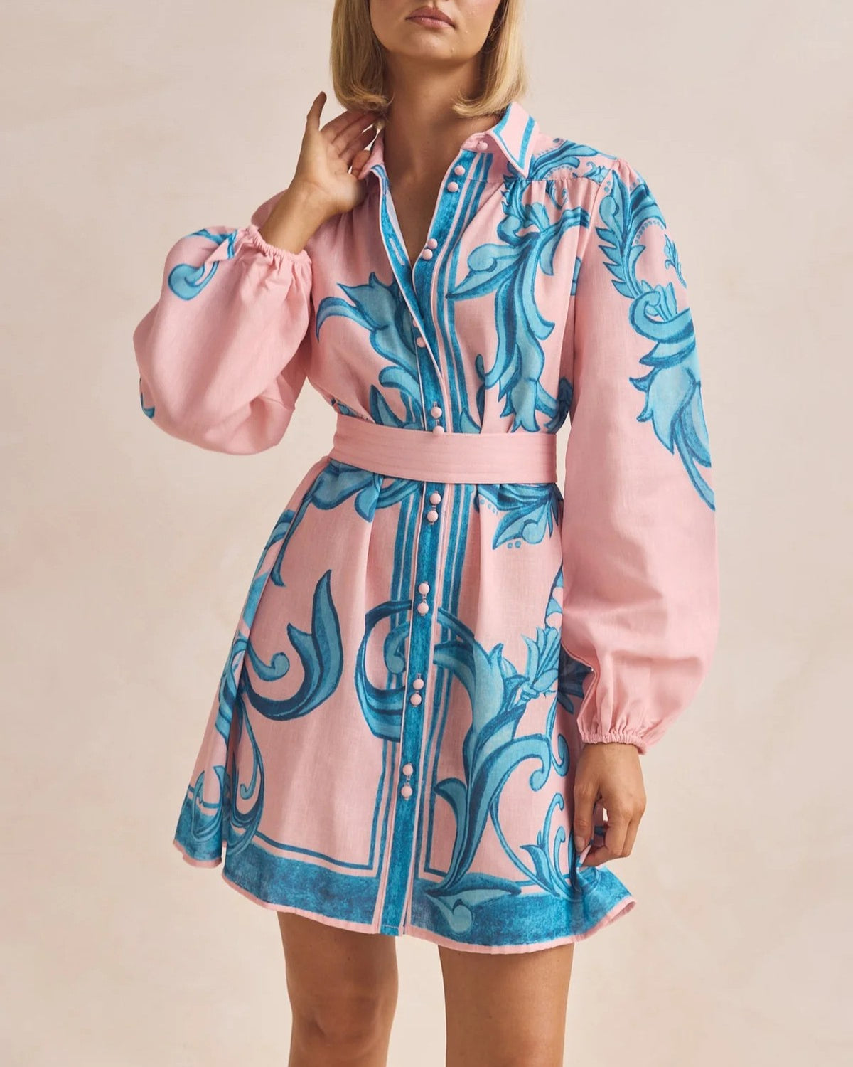 Baroque Print Belted Mini Shirt Dress - Pink
