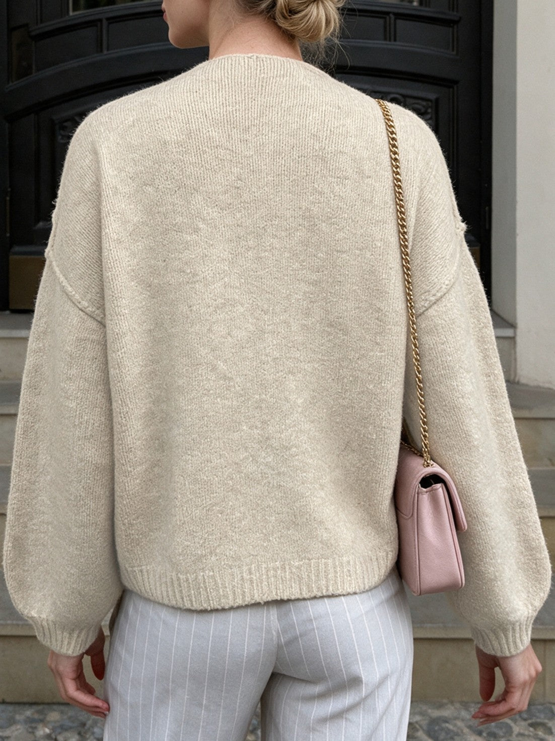 Chunky Knit Drop Shoulder Open Front Cardigan - Apricot - 4