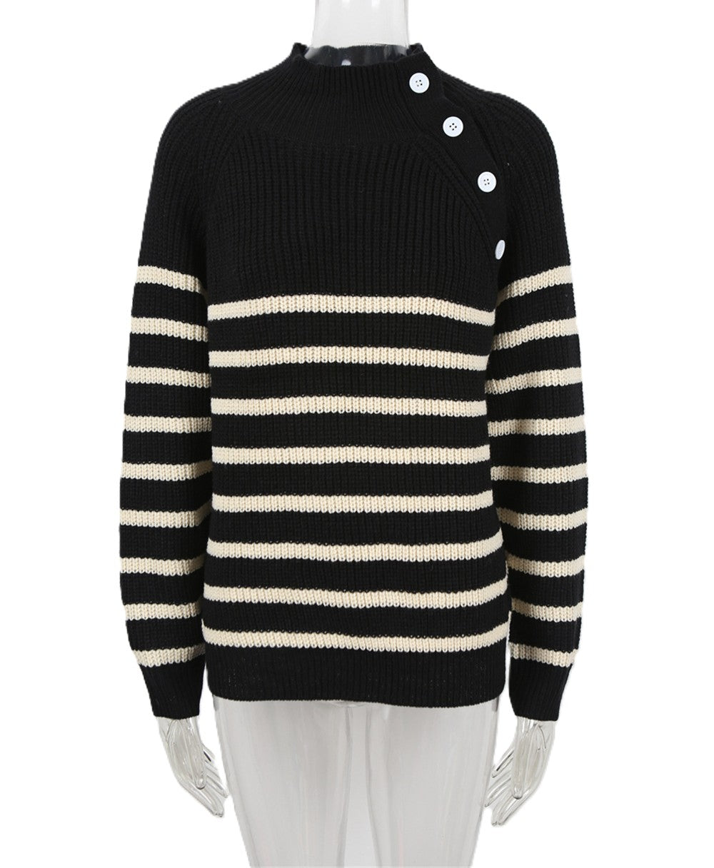 Breton Stripe Mock Neck Button Shoulder Sweater - Black - 1