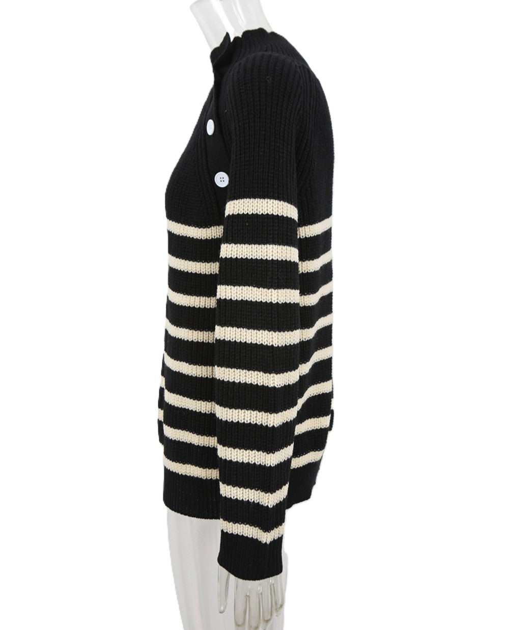 Breton Stripe Mock Neck Button Shoulder Sweater - Black - 2