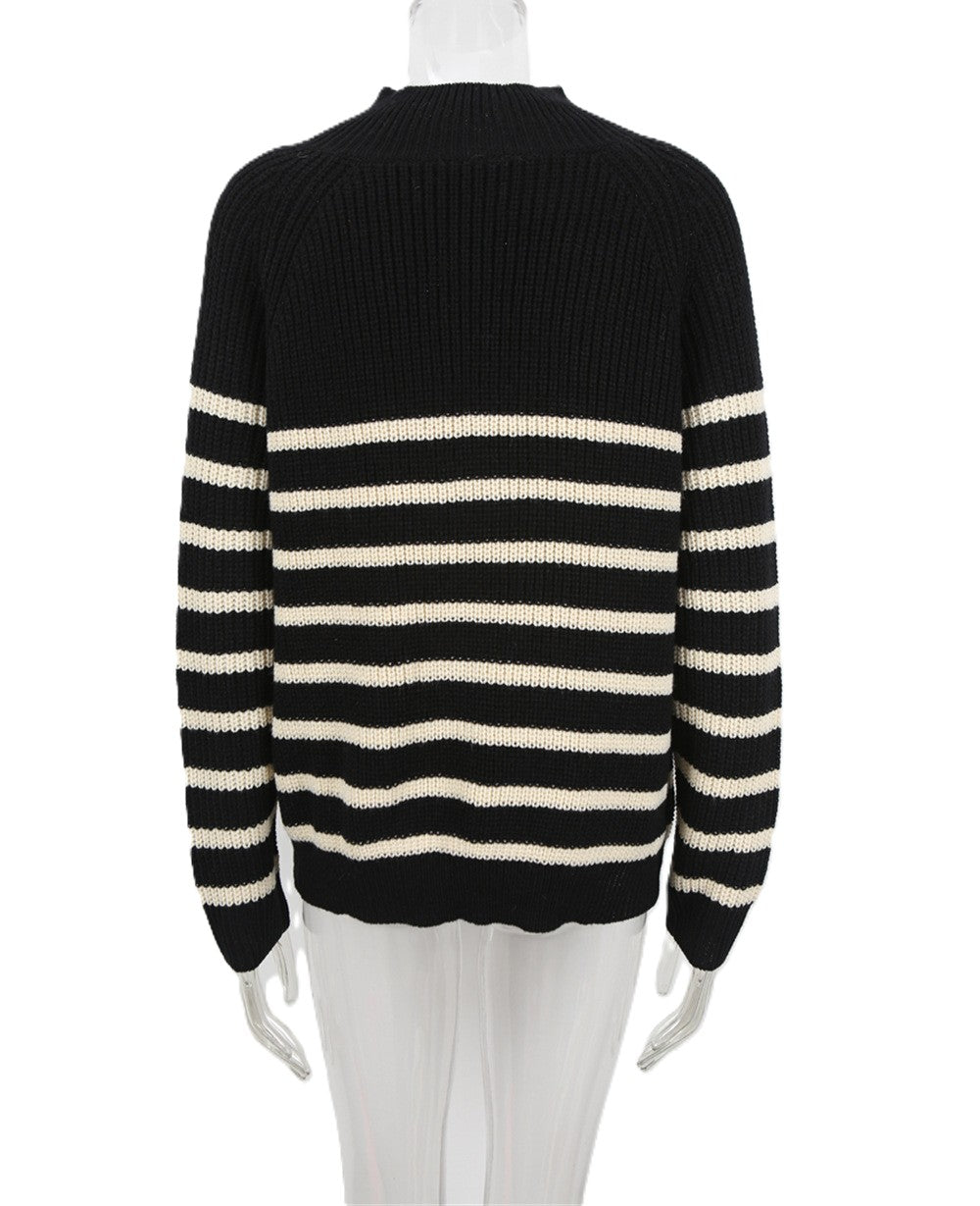 Breton Stripe Mock Neck Button Shoulder Sweater - Black - 3
