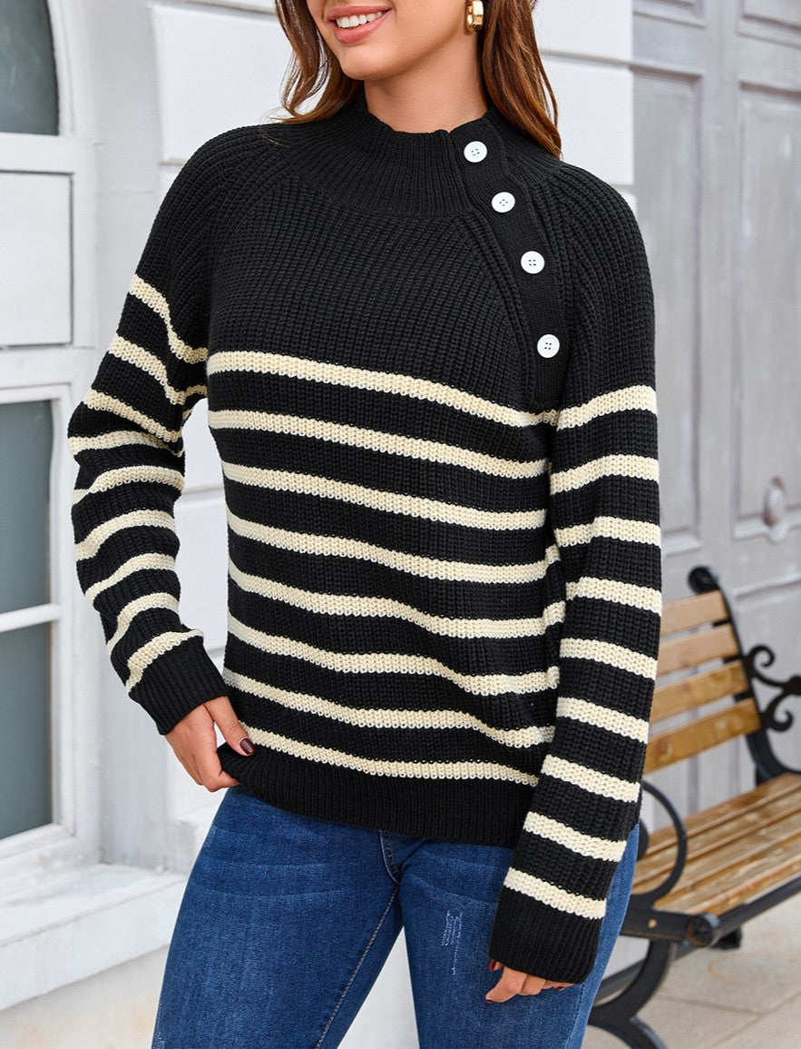Breton Stripe Mock Neck Button Shoulder Sweater - Black - 4
