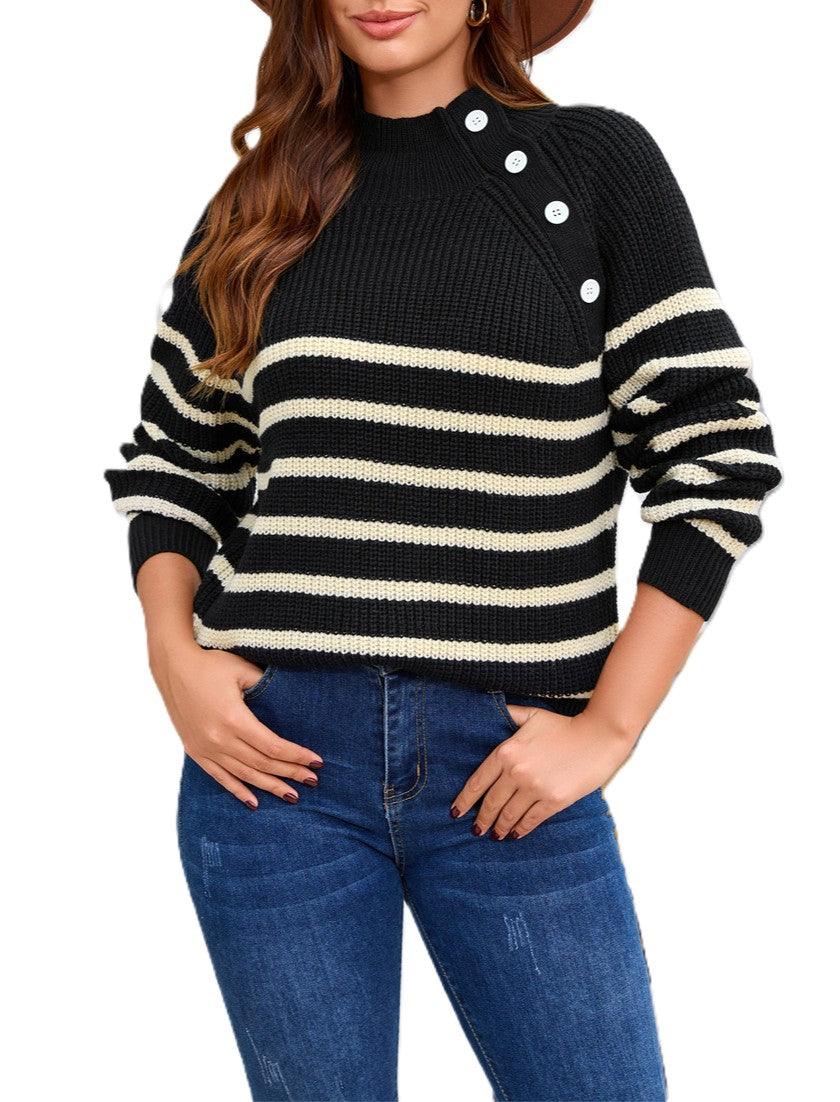 Breton Stripe Mock Neck Button Shoulder Sweater - Black - 5