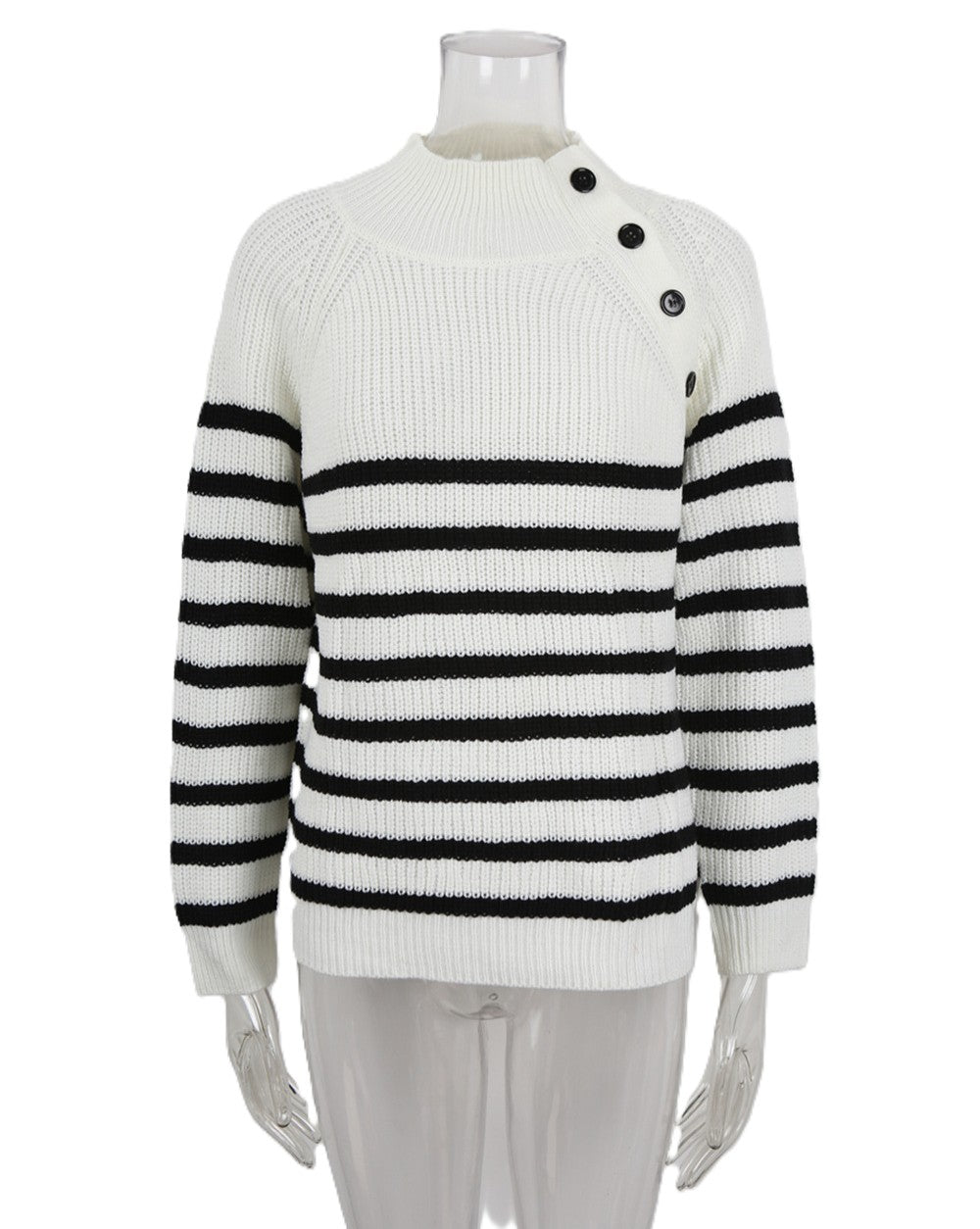 Breton Stripe Mock Neck Button Shoulder Sweater - White