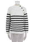 Breton Stripe Mock Neck Button Shoulder Sweater - White