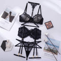 Eyelash Lace Halter Underwire Bra Garter Belt Set - Black