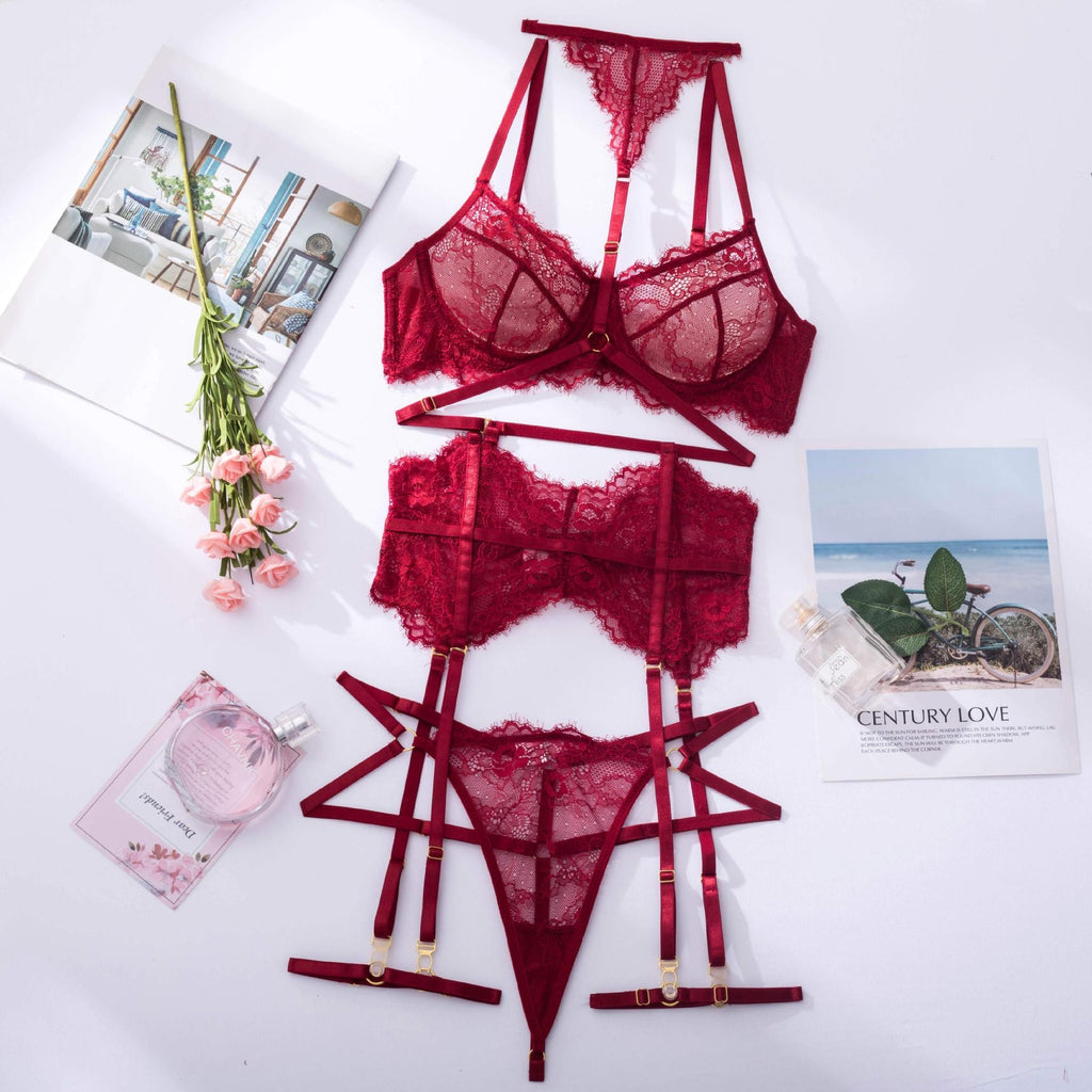 Eyelash Lace Halter Underwire Bra Garter Belt Set - Burgundy