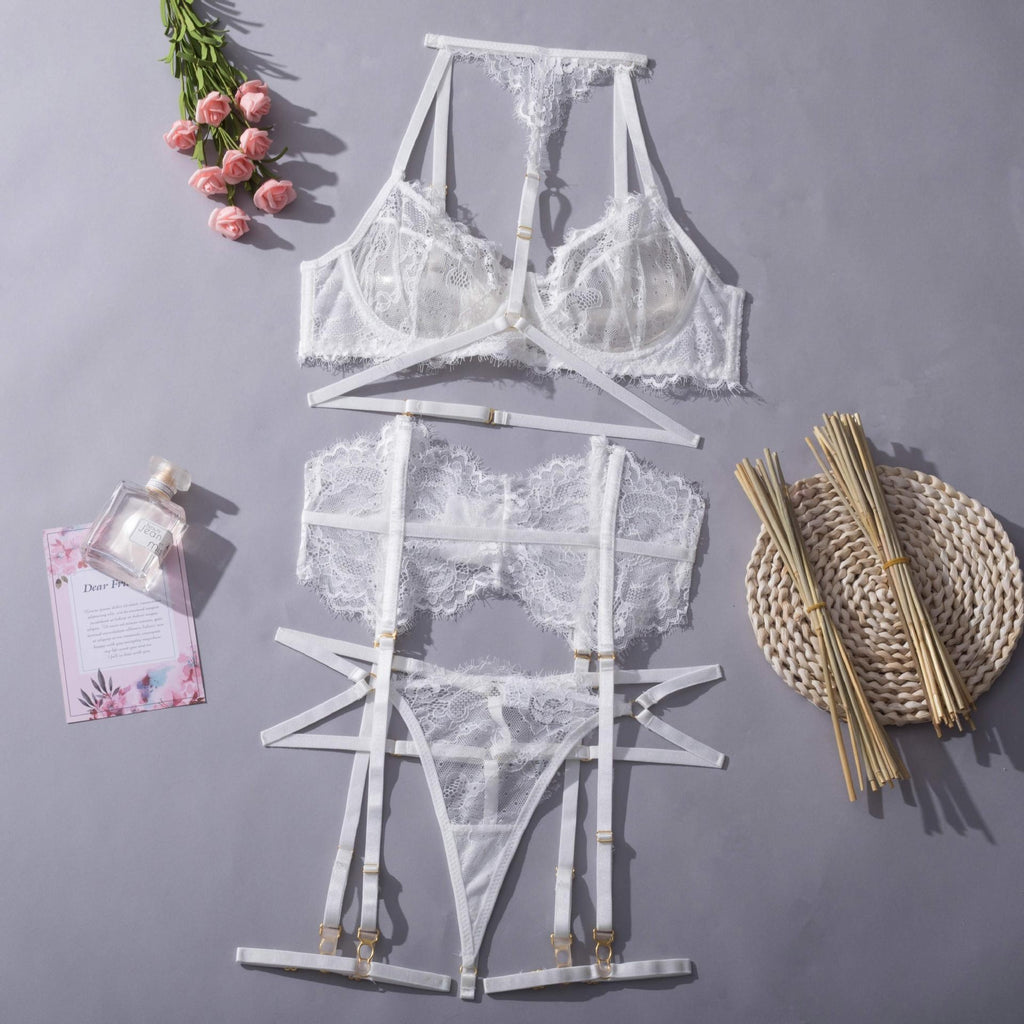 Eyelash Lace Halter Underwire Bra Garter Belt Set - White