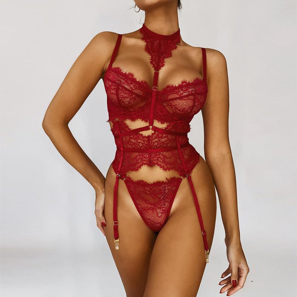 Eyelash Lace Halter Underwire Bra Garter Belt Set