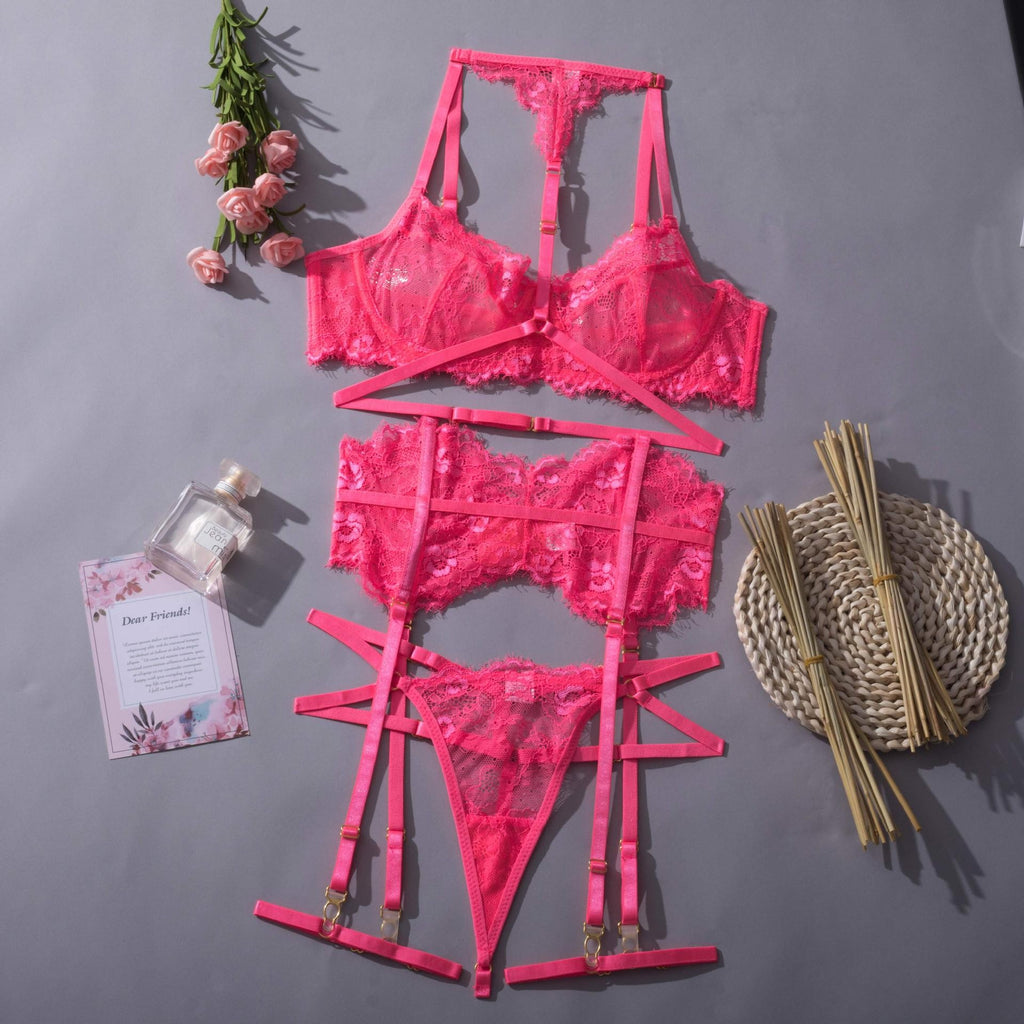 Eyelash Lace Halter Underwire Bra Garter Belt Set