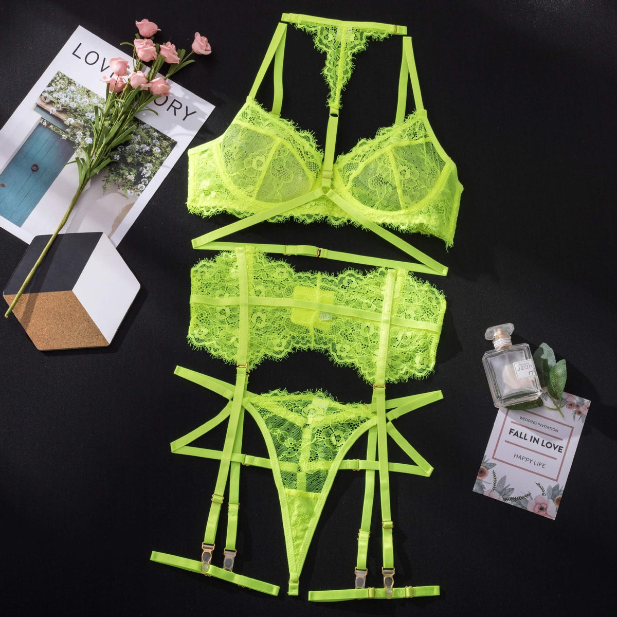 Eyelash Lace Halter Underwire Bra Garter Belt Set