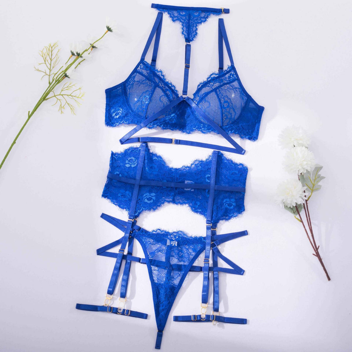 Eyelash Lace Halter Underwire Bra Garter Belt Set