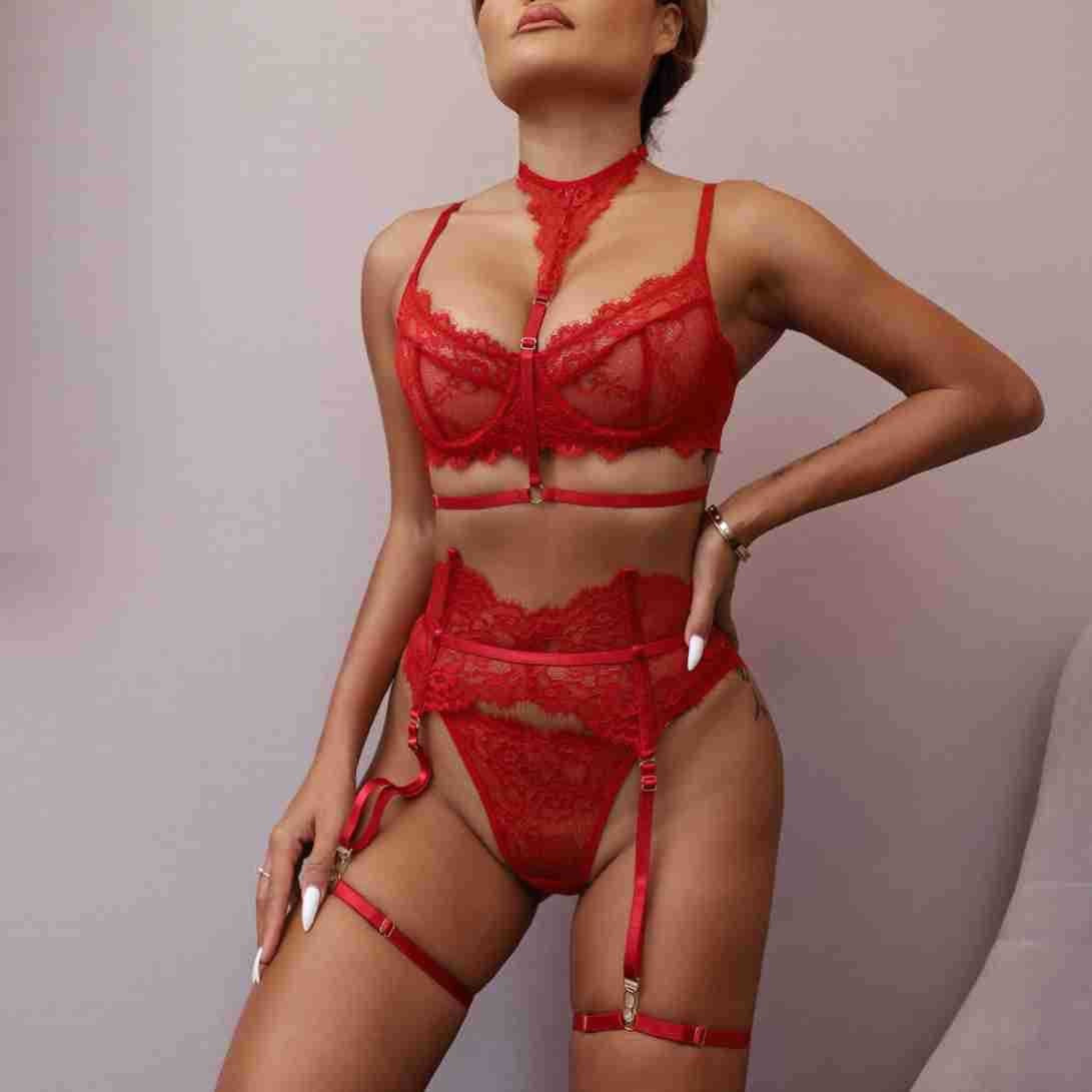 Eyelash Lace Halter Underwire Bra Garter Belt Set