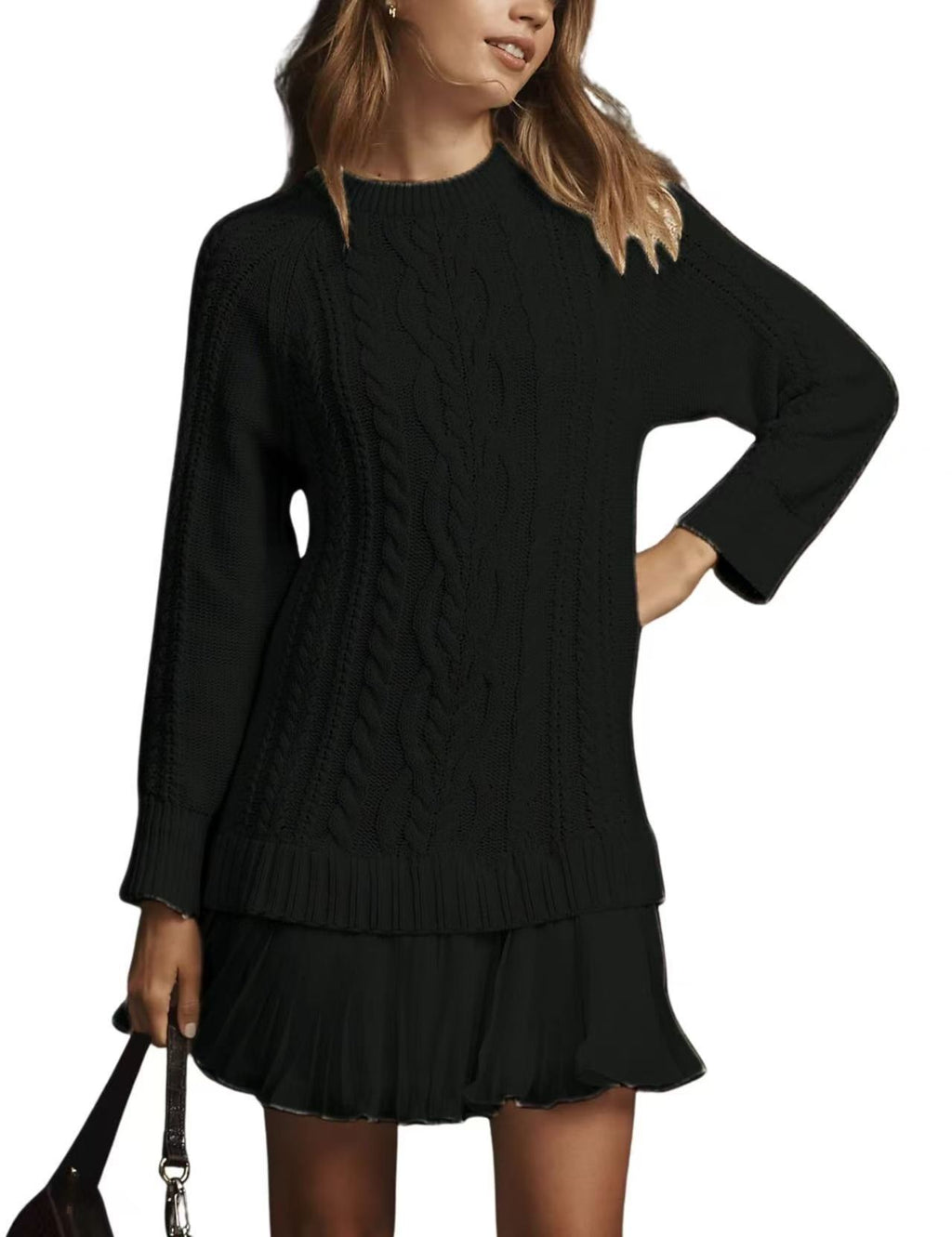 Cable Knit Dress With Pleated Ruffle Hem - Black