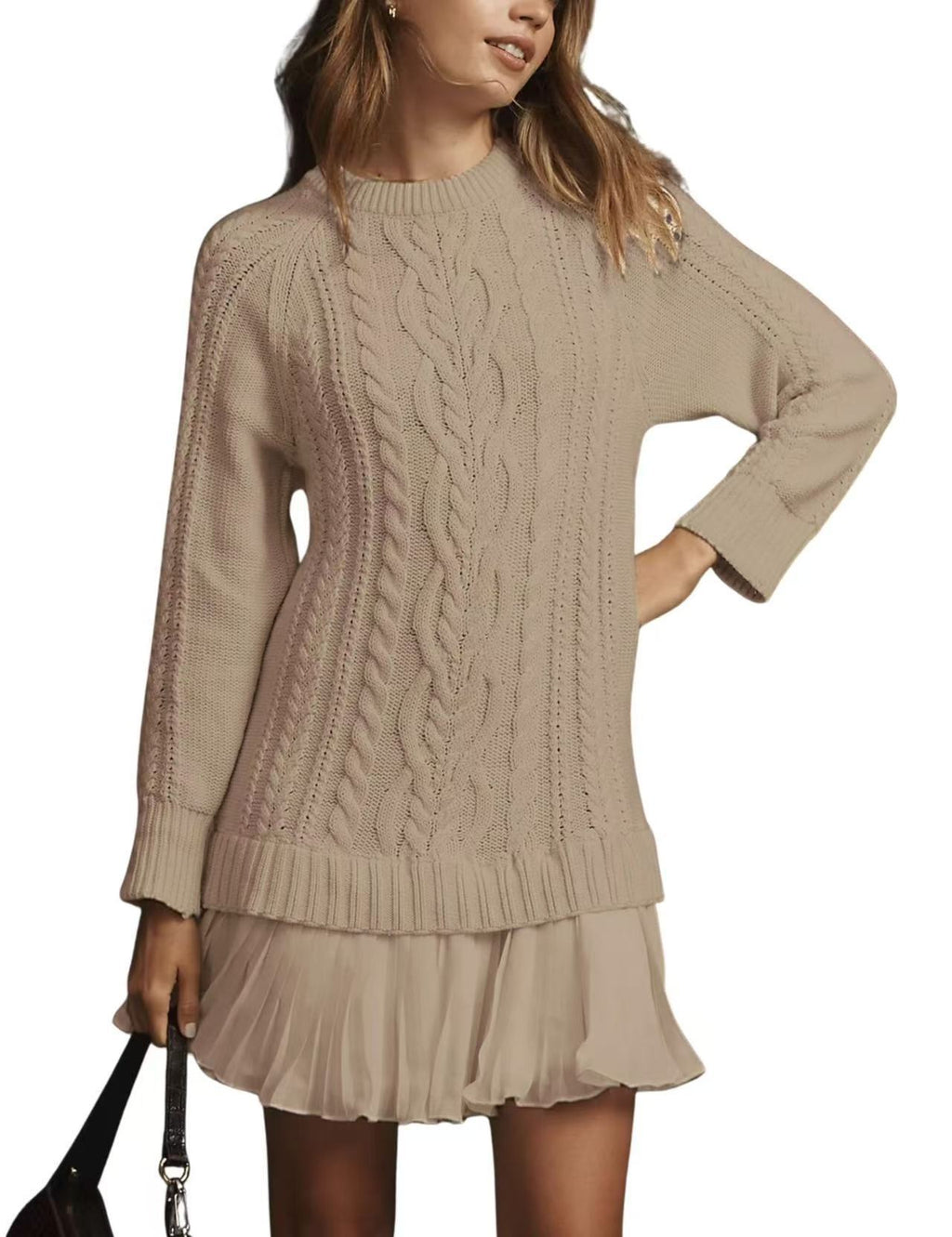 Cable Knit Dress With Pleated Ruffle Hem - Brown