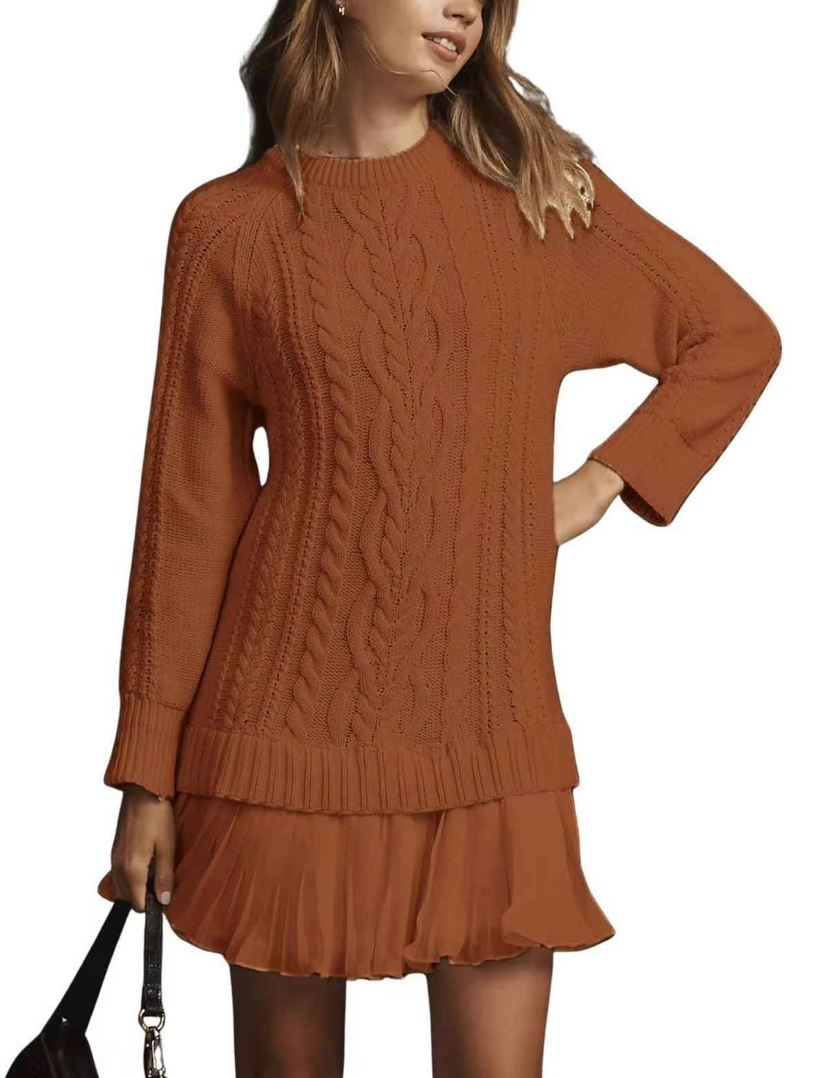 Cable Knit Dress With Pleated Ruffle Hem - Caramel