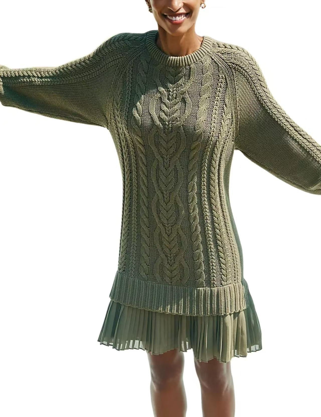 Cable Knit Dress With Pleated Ruffle Hem - Green
