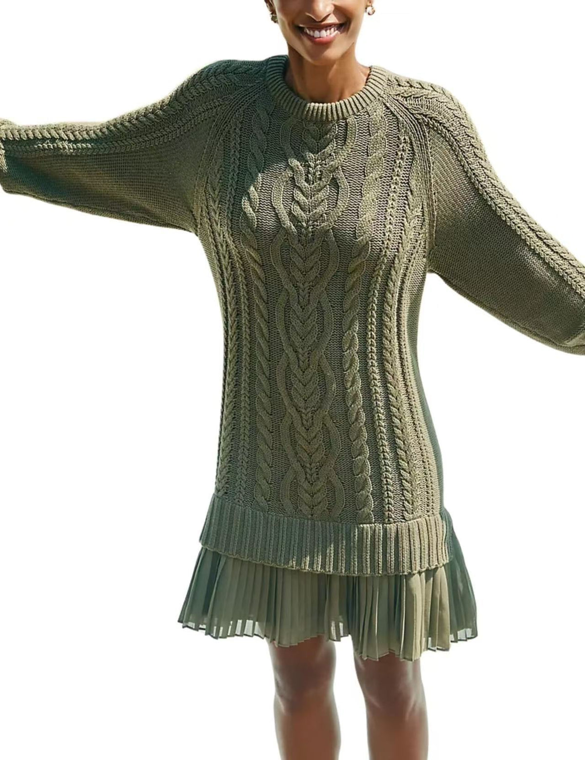 Cable Knit Dress With Pleated Ruffle Hem - Green