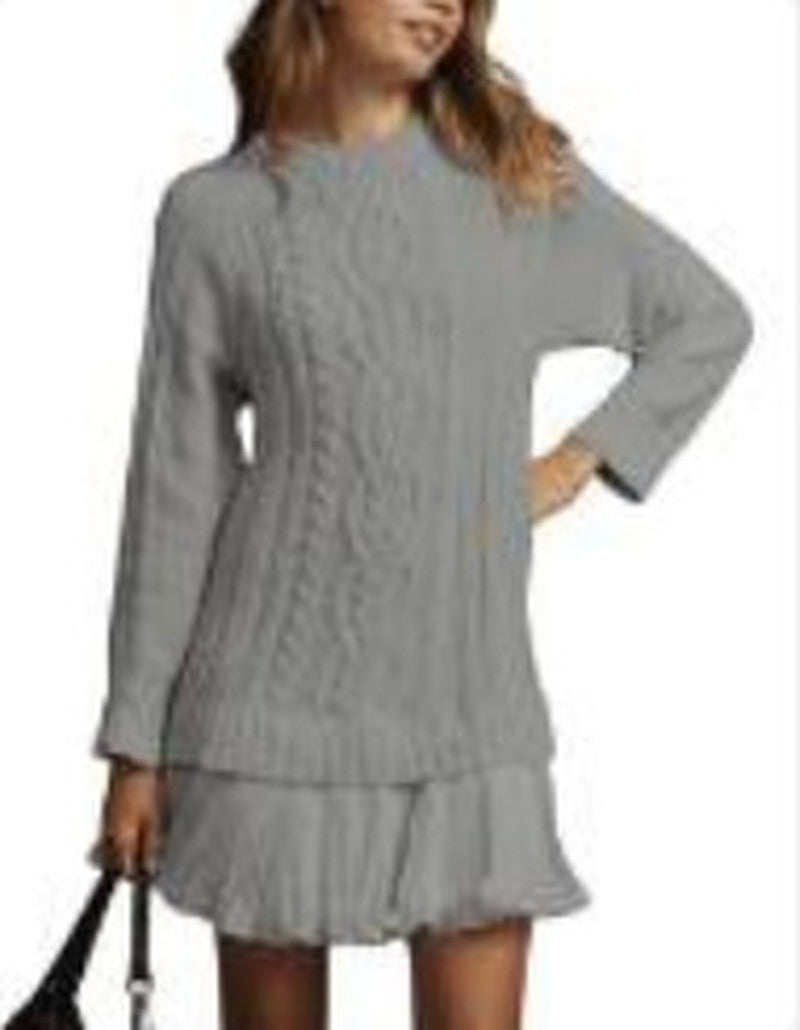 Cable Knit Dress With Pleated Ruffle Hem - Grey