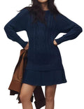 Cable Knit Dress With Pleated Ruffle Hem - Navyblue