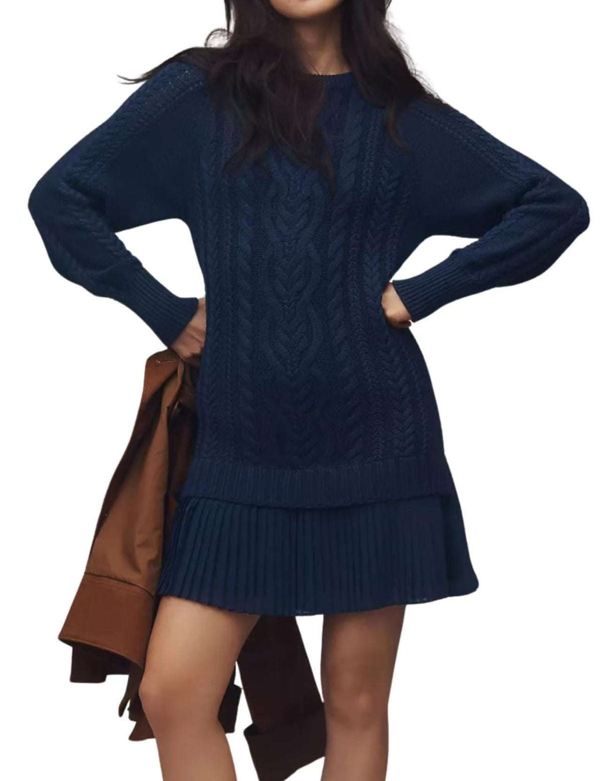 Cable Knit Dress With Pleated Ruffle Hem - Navyblue