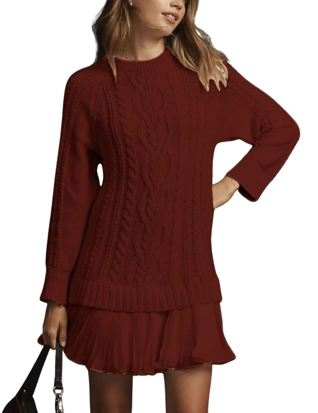 Cable Knit Dress With Pleated Ruffle Hem - Winered