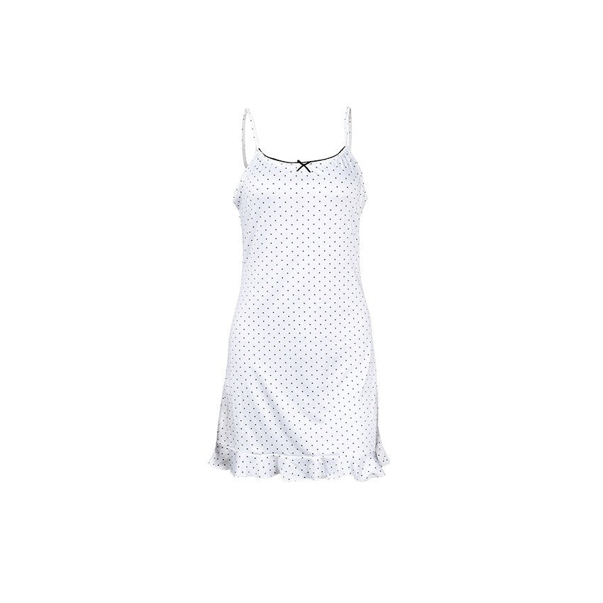 White Polka Dot Knit Cami Ruffle Mini Sleep Dress
