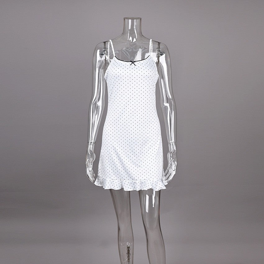 White Polka Dot Knit Cami Ruffle Mini Sleep Dress