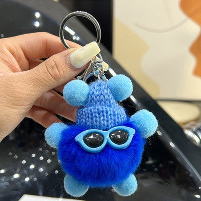 Fuzzy Pompom Monster Keychain With Knit Hat - Blue