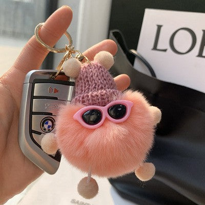 Fuzzy Pompom Monster Keychain With Knit Hat - Bright_Pink