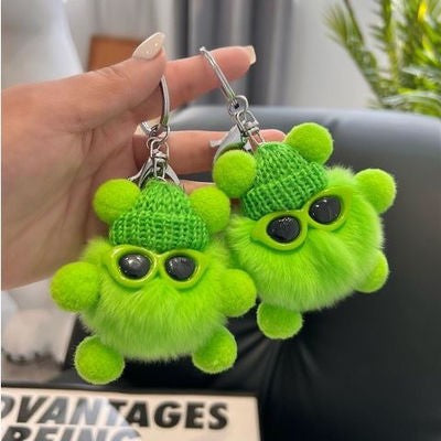 Fuzzy Pompom Monster Keychain With Knit Hat - Green