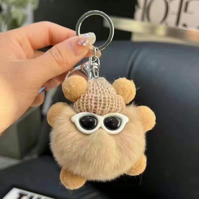 Fuzzy Pompom Monster Keychain With Knit Hat - Khaki