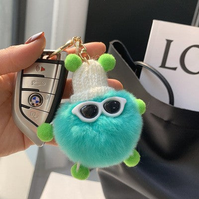 Fuzzy Pompom Monster Keychain With Knit Hat - Lake_Blue