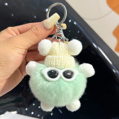 Fuzzy Pompom Monster Keychain With Knit Hat - Light_Green
