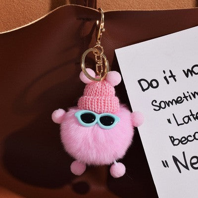 Fuzzy Pompom Monster Keychain With Knit Hat - Light_Purple