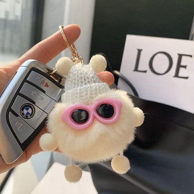 Fuzzy Pompom Monster Keychain With Knit Hat - Off_White
