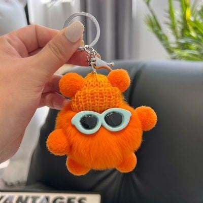 Fuzzy Pompom Monster Keychain With Knit Hat - Orange