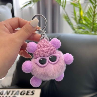 Fuzzy Pompom Monster Keychain With Knit Hat - Purple