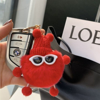 Fuzzy Pompom Monster Keychain With Knit Hat - Red