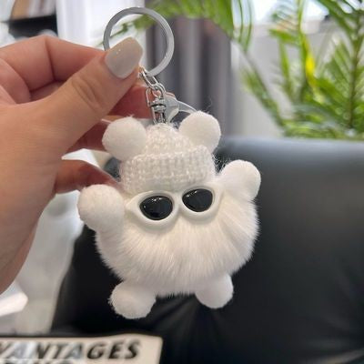 Fuzzy Pompom Monster Keychain With Knit Hat - White