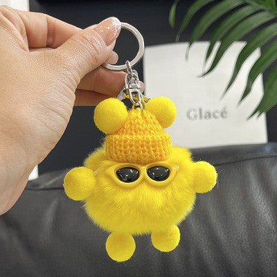 Fuzzy Pompom Monster Keychain With Knit Hat - Yellow