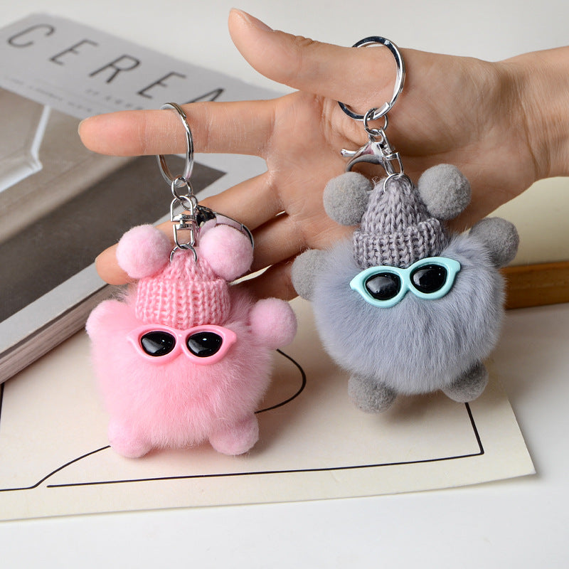 Fuzzy Pompom Monster Keychain With Knit Hat