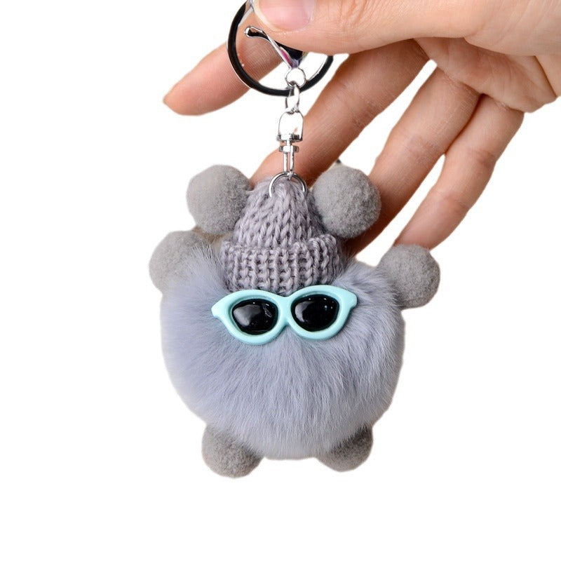 Fuzzy Pompom Monster Keychain With Knit Hat - view 1