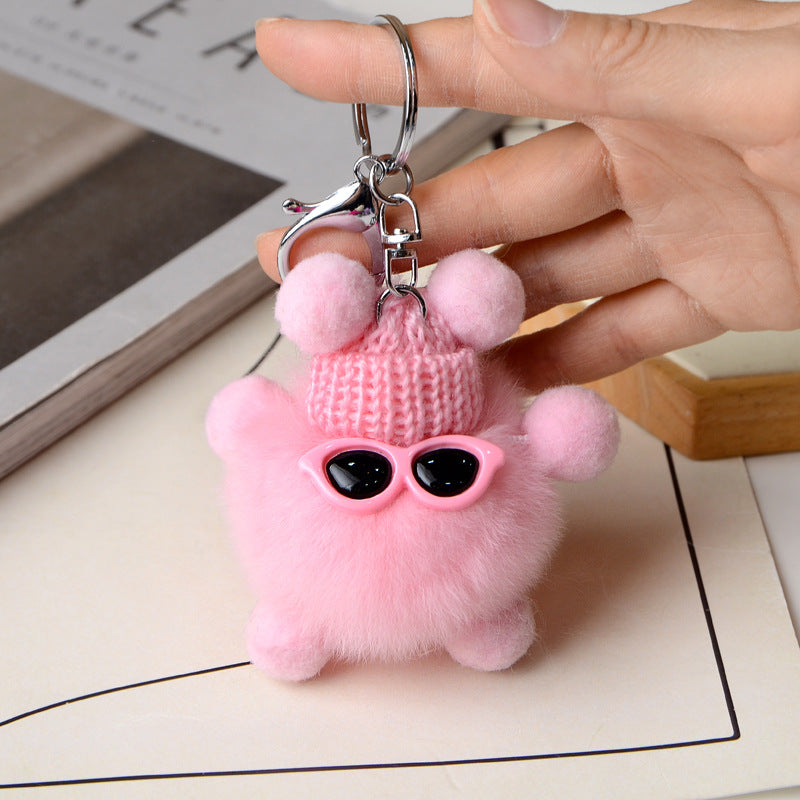 Fuzzy Pompom Monster Keychain With Knit Hat - view 3
