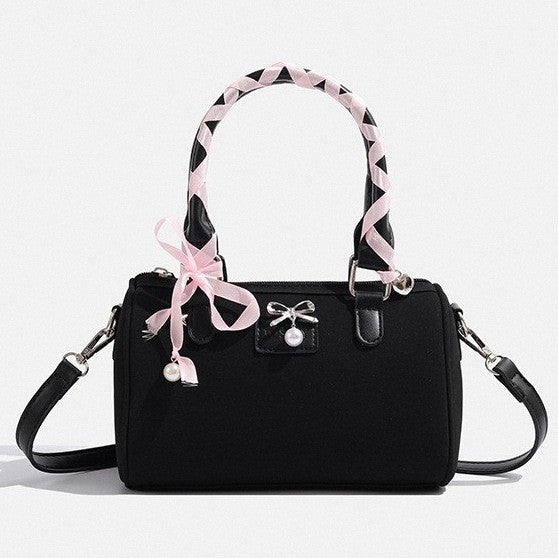Mini Ribbon Handle Boston Bag With Bow Charm - Black